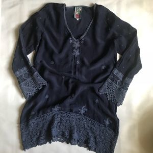 Johnny Was Blue Embroidered Long Sleeve Dress S